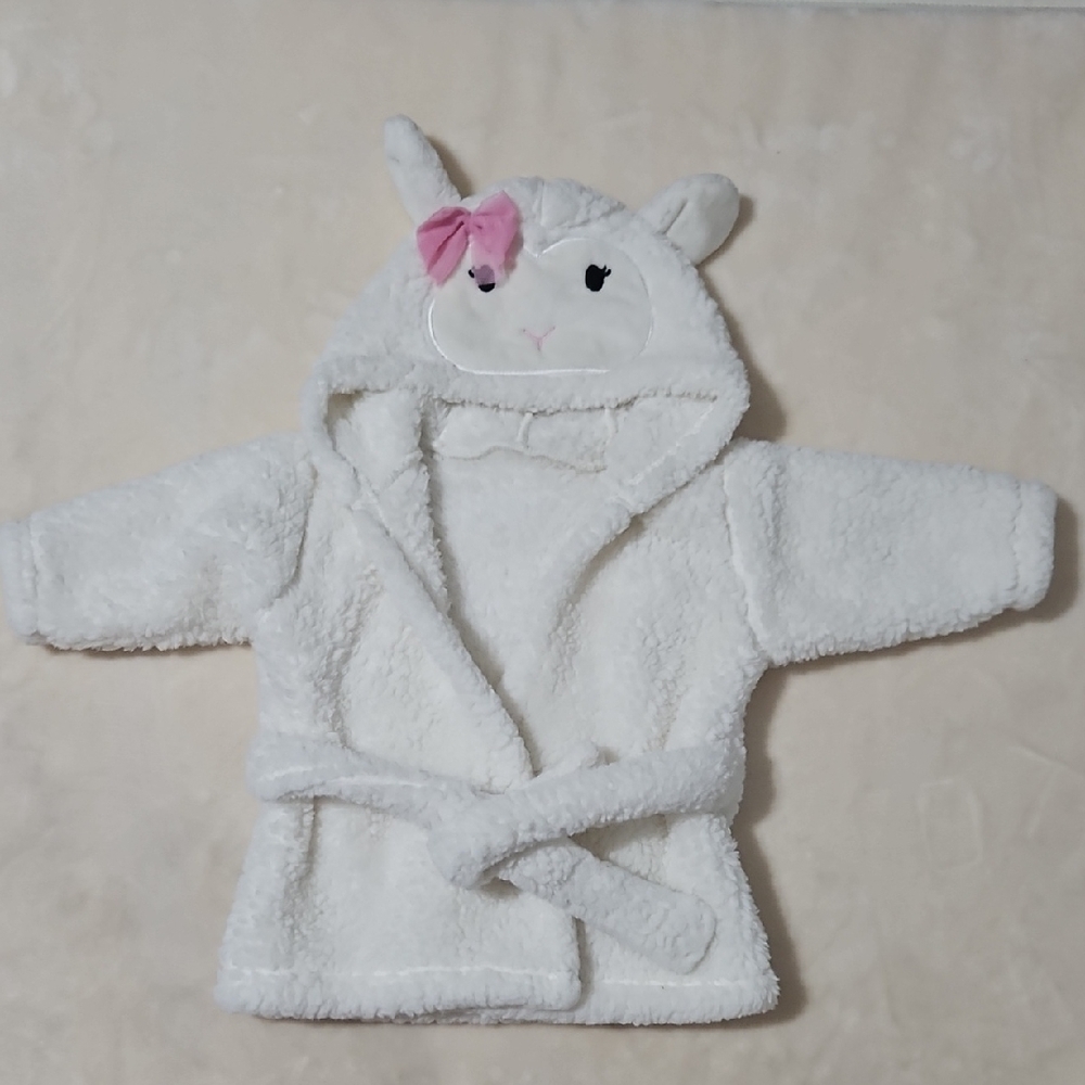Plush Lamb Hooded Kids Robe with Pink Bow - White